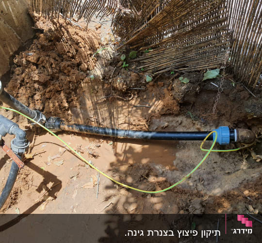 צינור מים שחור עם מחבר כחול באדמה